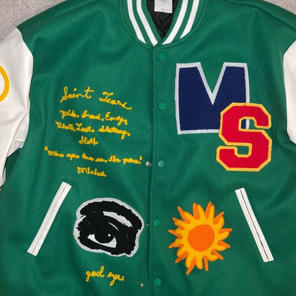 Saint Savior Graphic Print Varsity Jacket Vintage Baseball Jacket Large - Picture 3 of 7